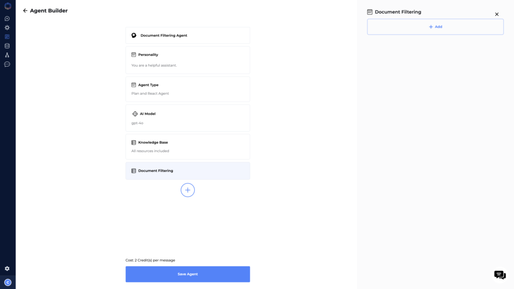 Odin AI Document Filtering Agent setup interface showing configuration options for agent personality, agent type, AI model, knowledge base, and document filtering.